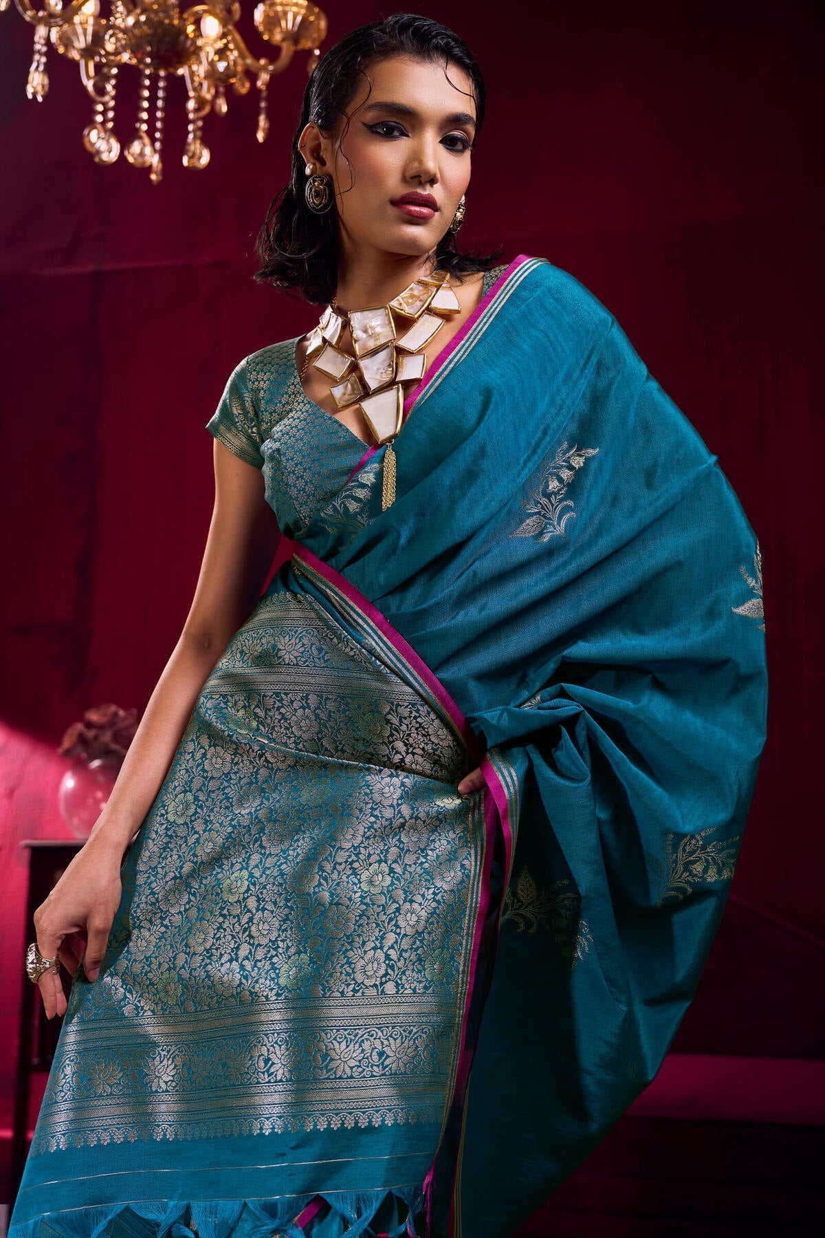 Chathams Blue Banarasi satin silk saree