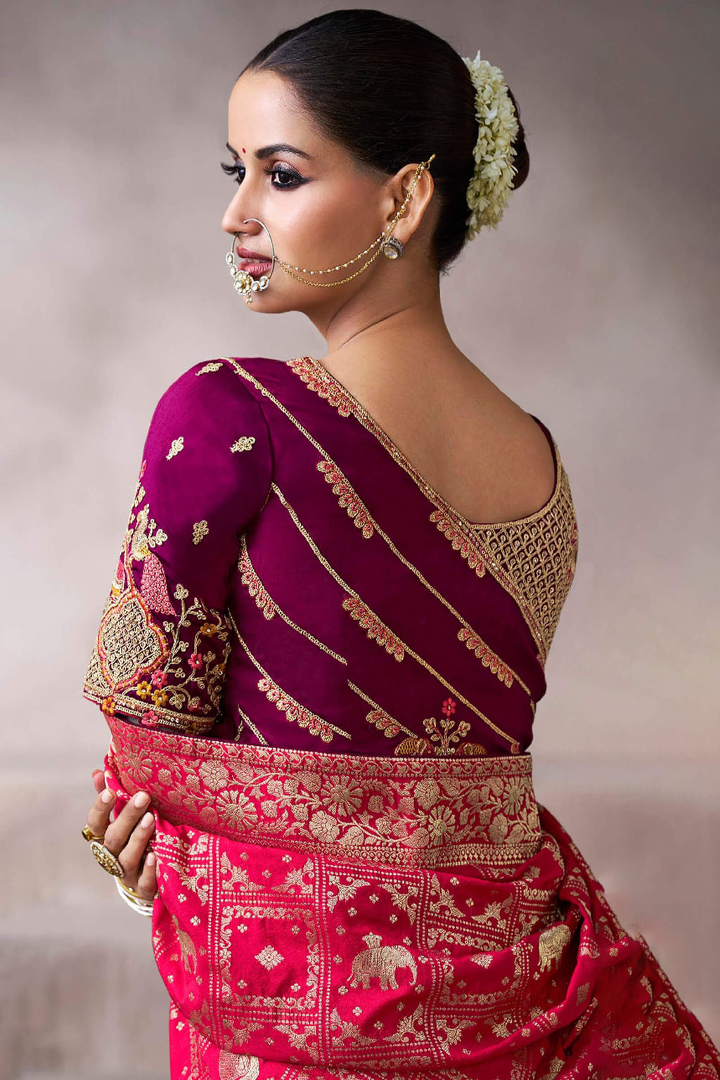 Cherry Pink Zari Woven Pure Crape Silk Saree with Designer Blouse Piece