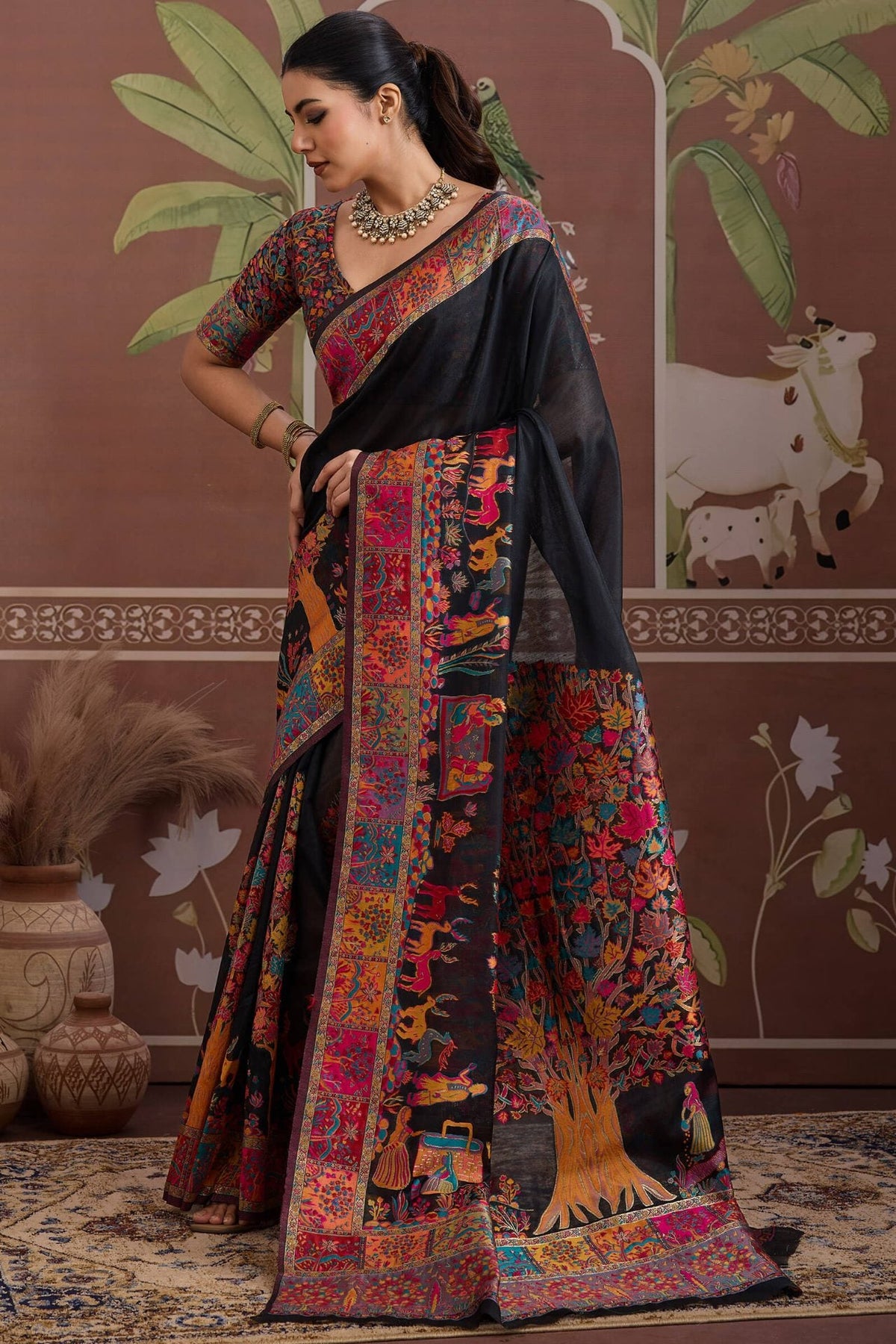 Cinder Black Kashmiri Modal Pashmina Silk Saree