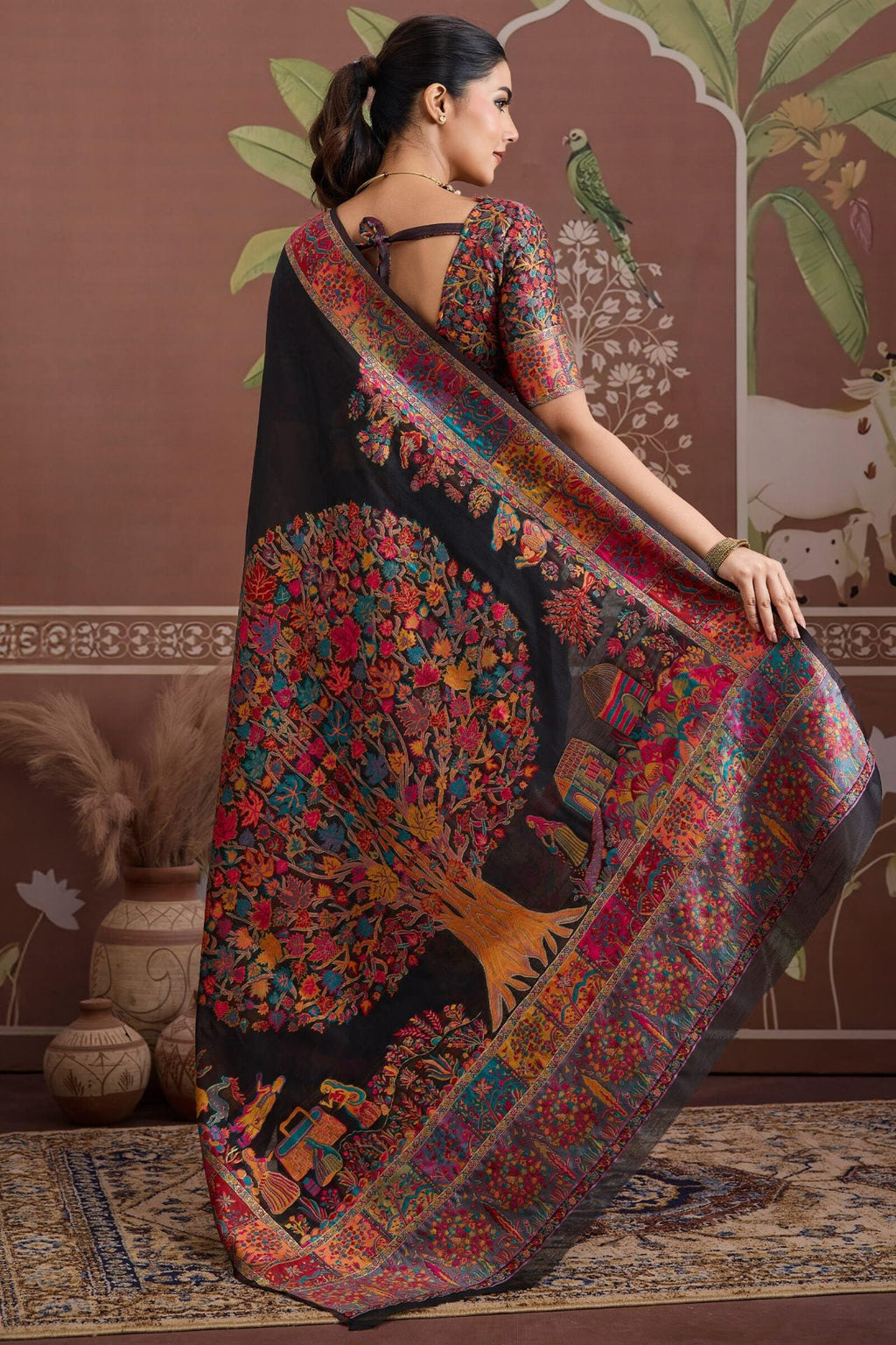 Cinder Black Kashmiri Modal Pashmina Silk Saree