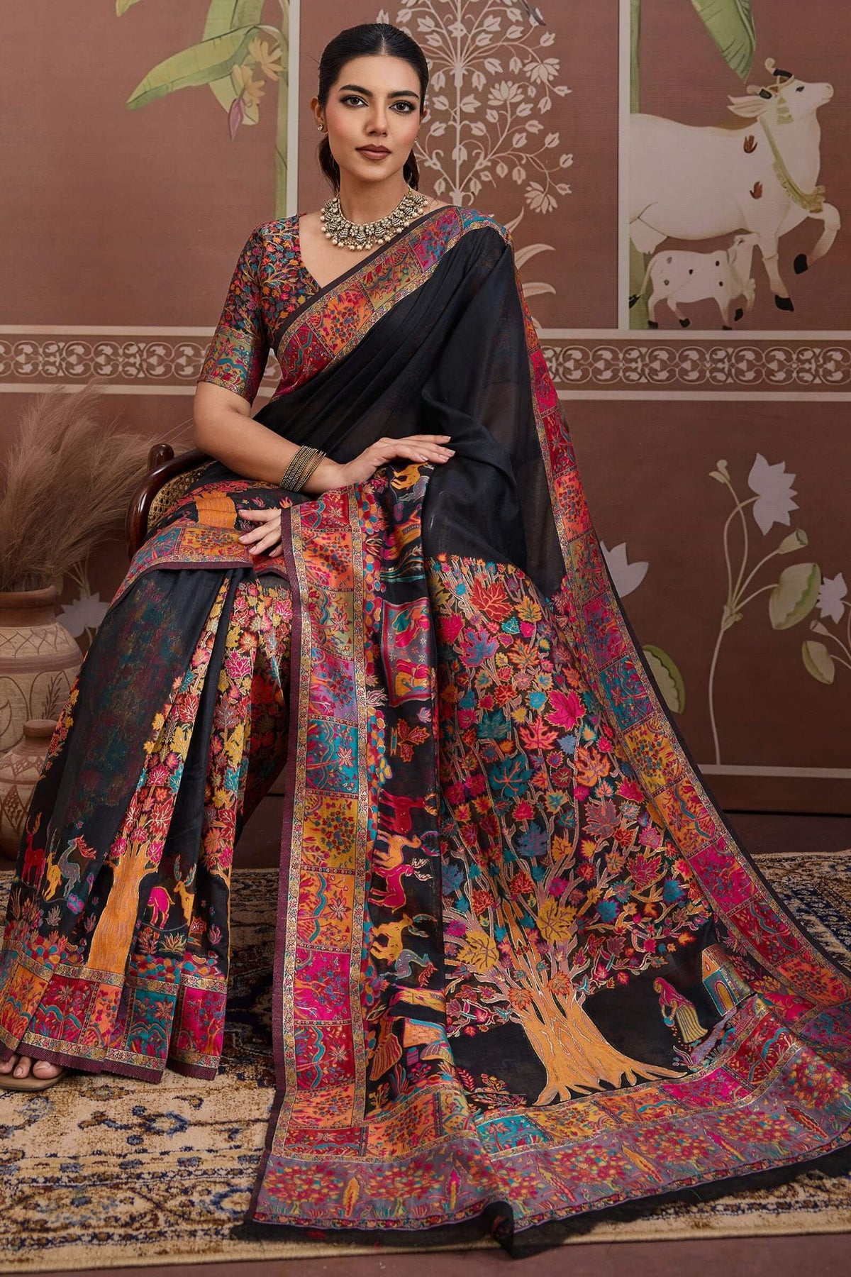 Cinder Black Kashmiri Modal Pashmina Silk Saree