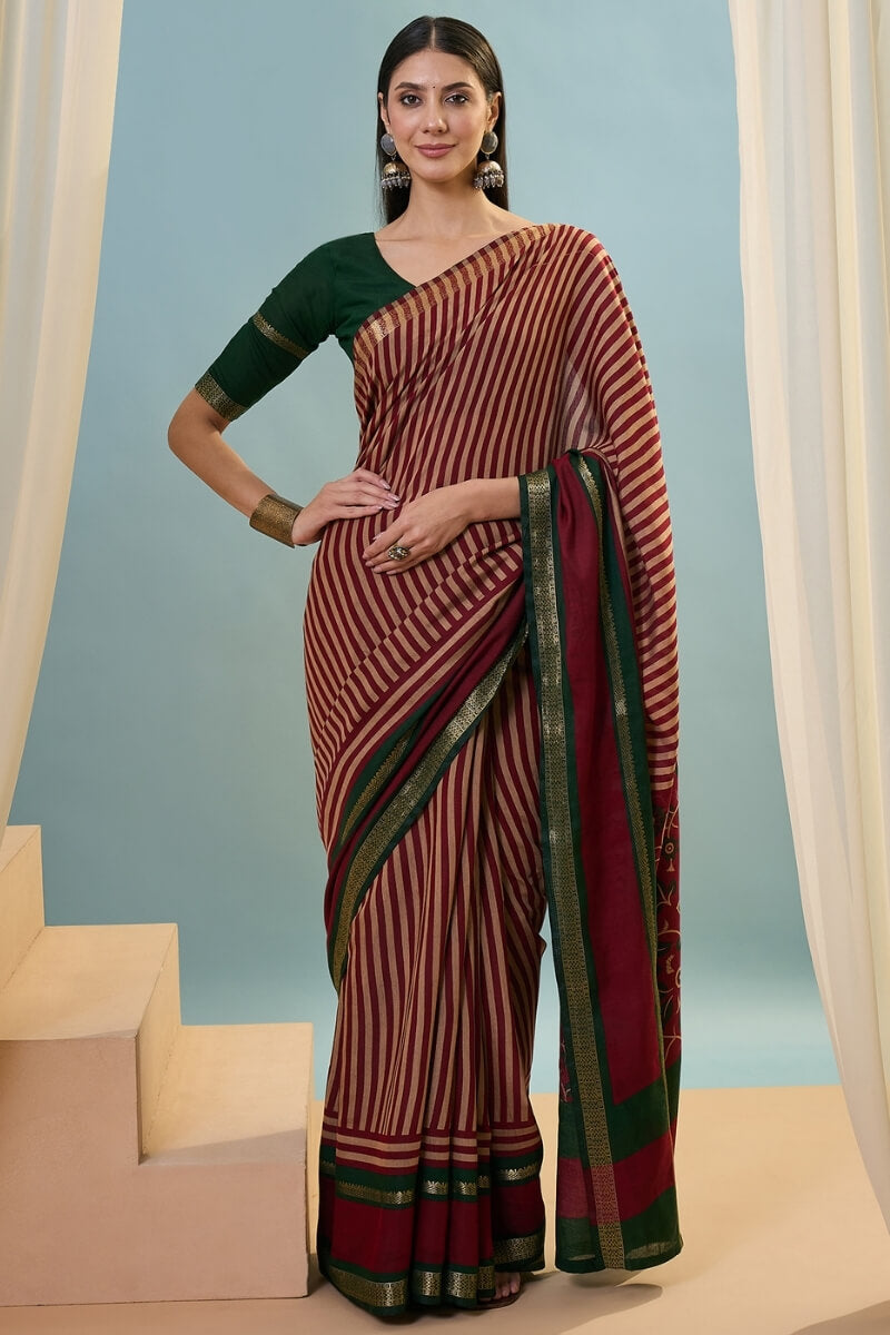Claret Maroon Printed Cotton Saree with Zari Woven Border
