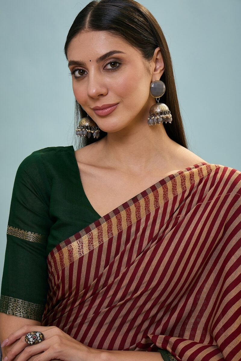 Claret Maroon Printed Cotton Saree with Zari Woven Border