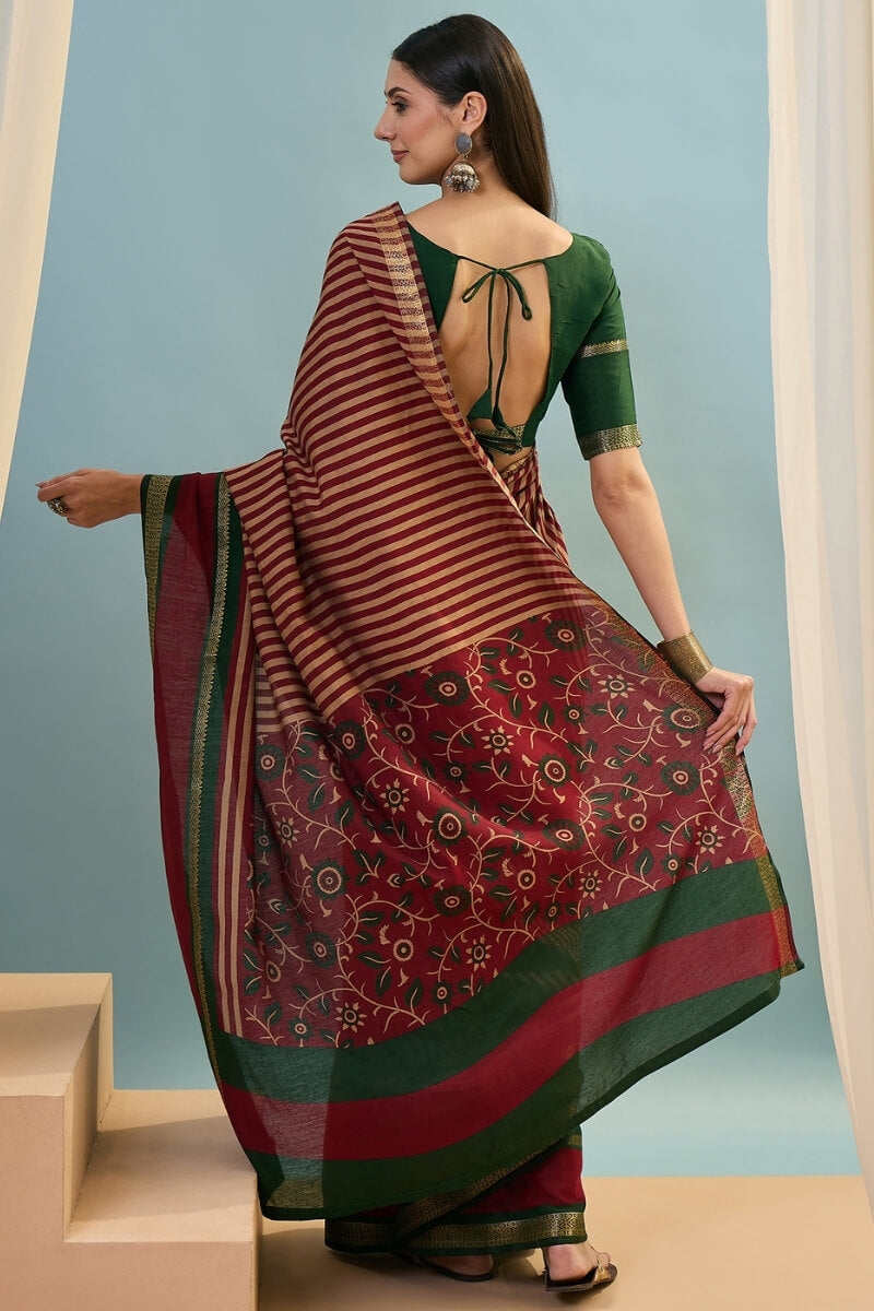 Claret Maroon Printed Cotton Saree with Zari Woven Border