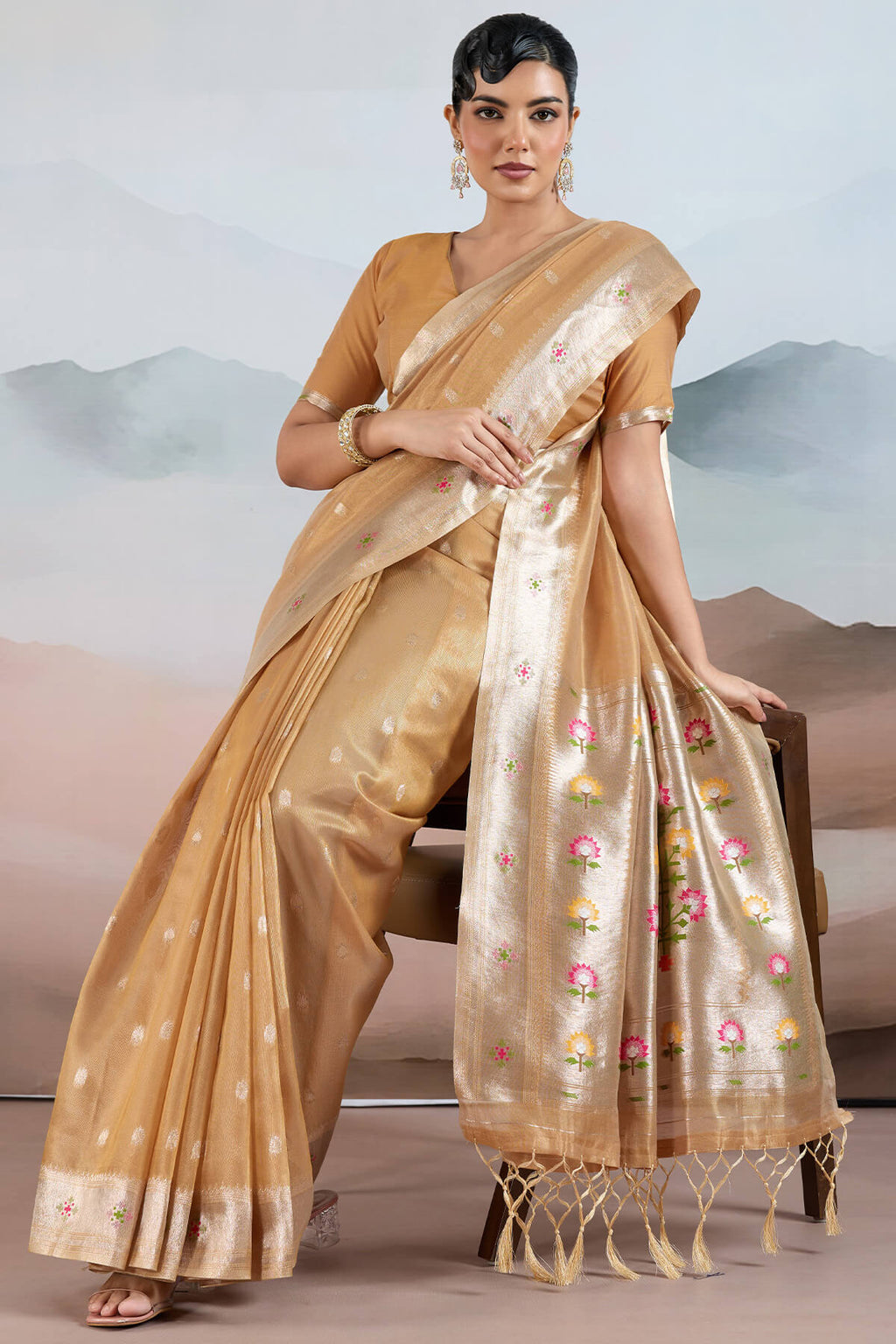 Clay Brown Paithani Tissue Silk Saree