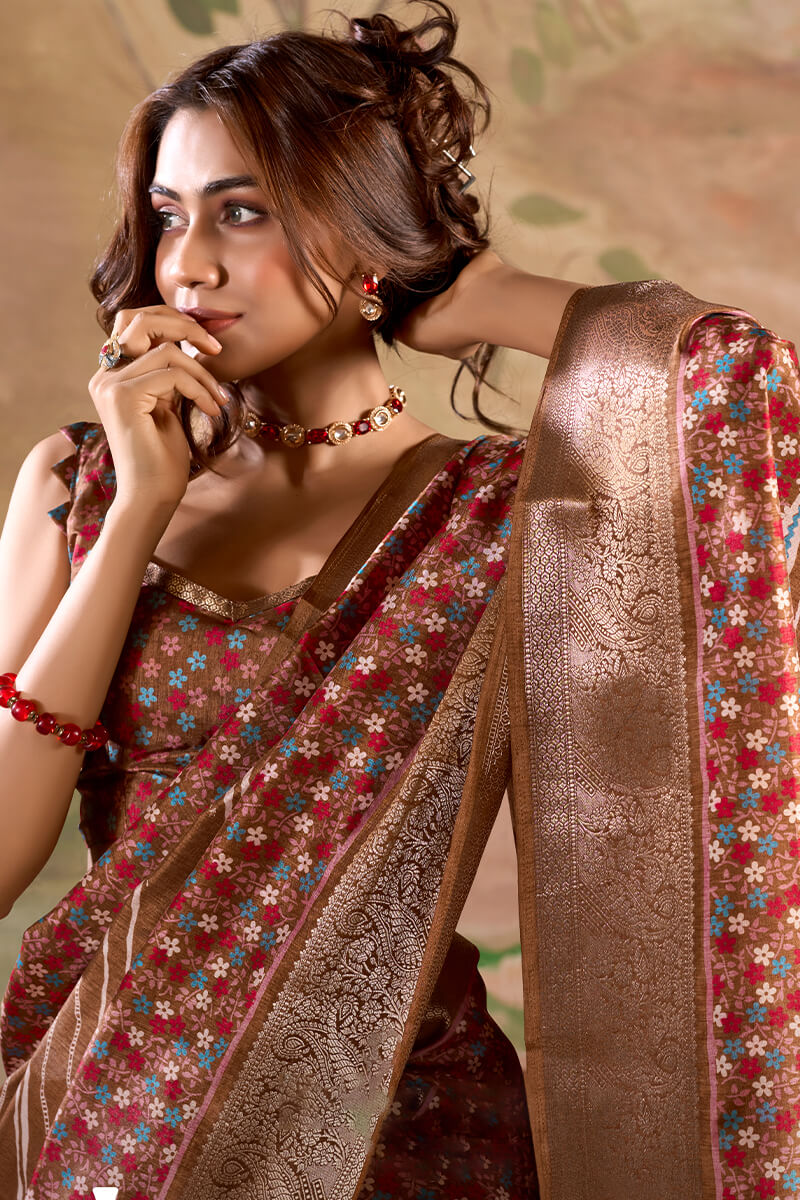 Clay Brown Printed Dola Silk Saree