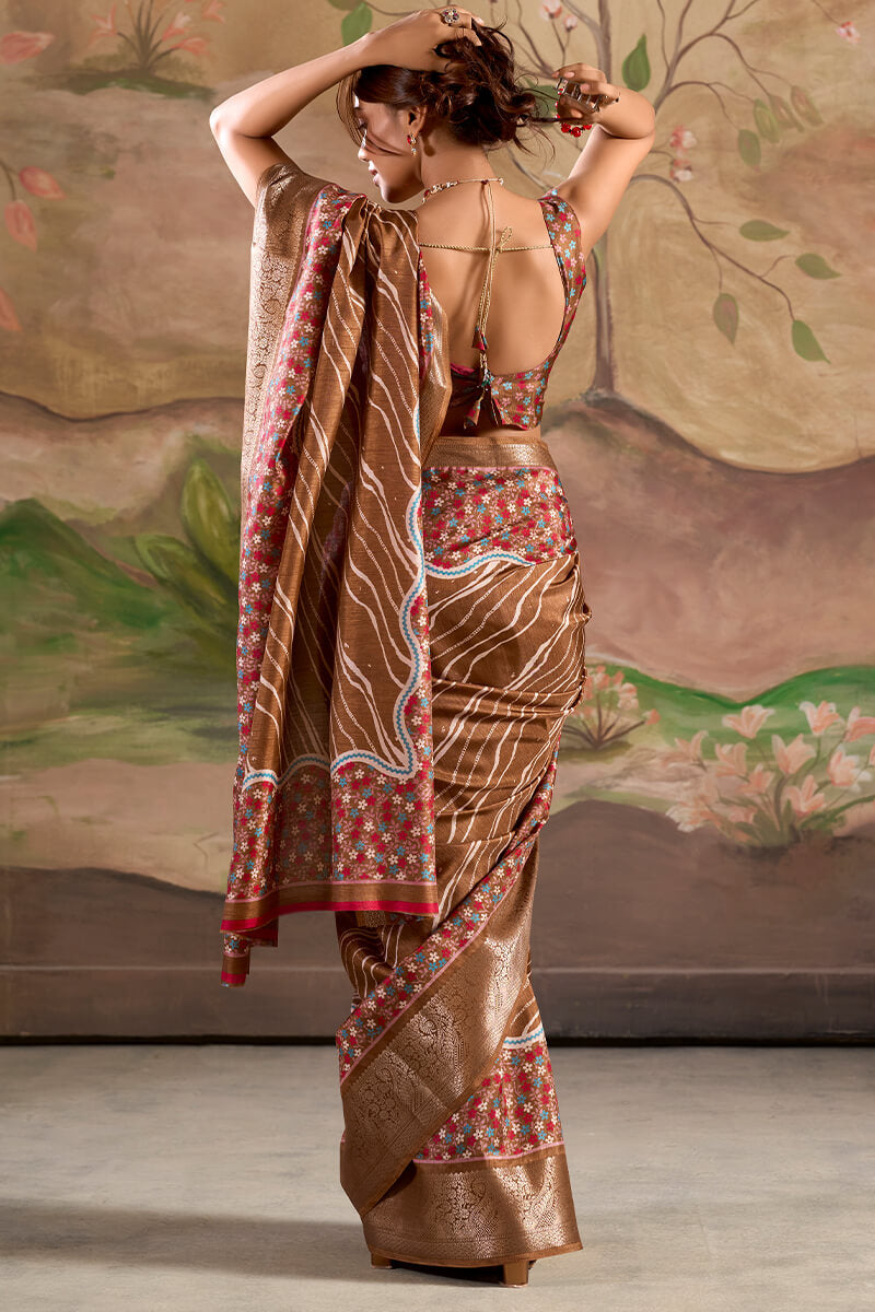 Clay Brown Printed Dola Silk Saree