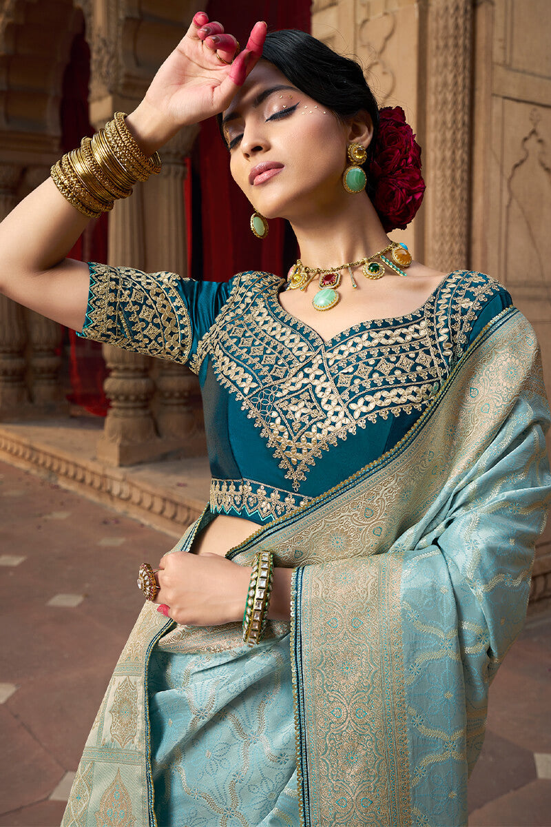 Cloudy Blue Banarasi Satin Silk Saree with Embroidery Blouse