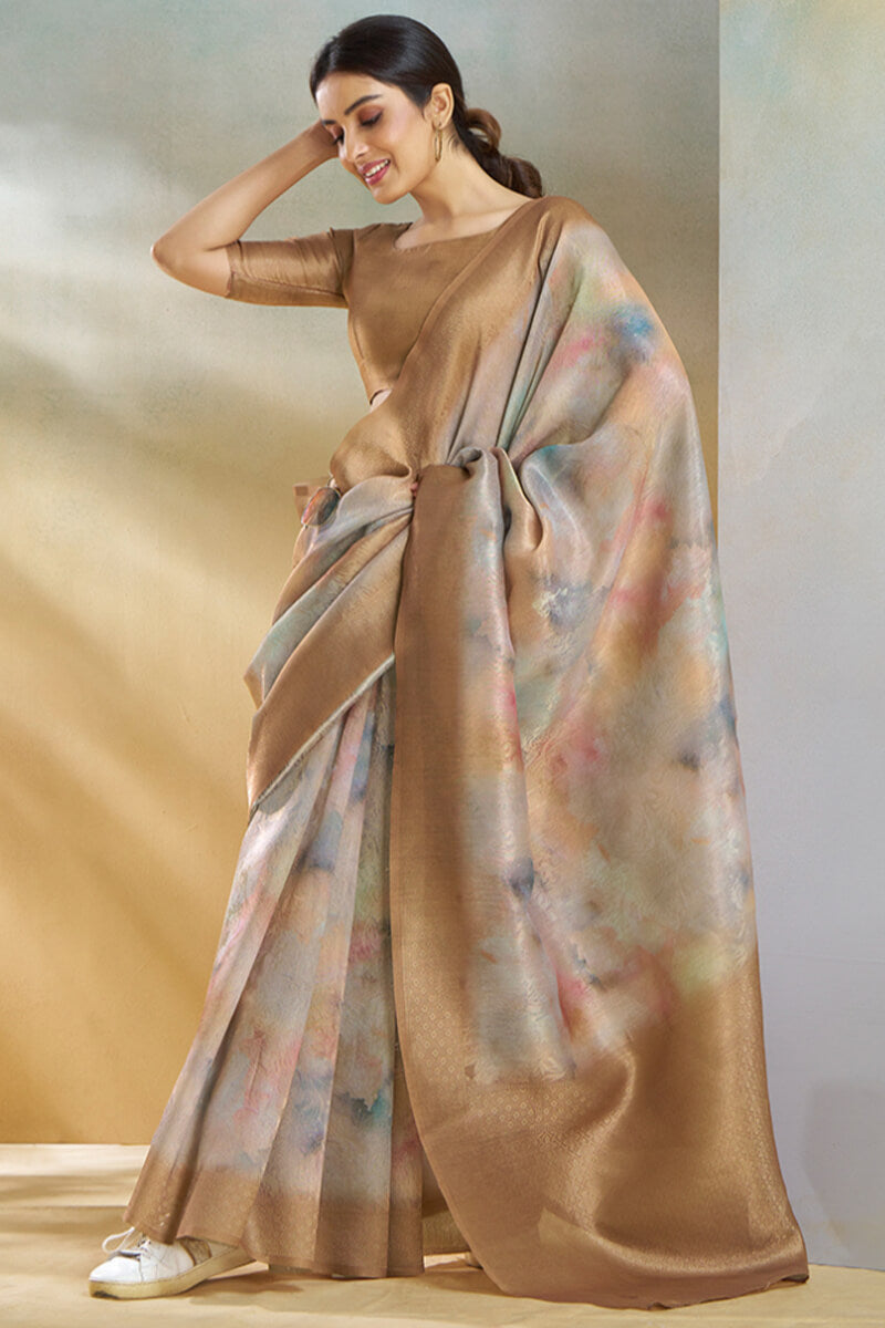 Coco Brown Digital Printed Khadi Silk Saree