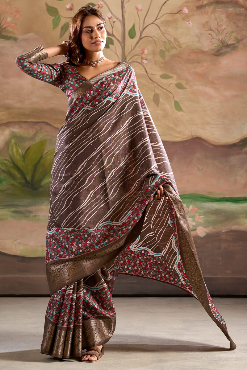 Congo Brown Printed Dola Silk Saree