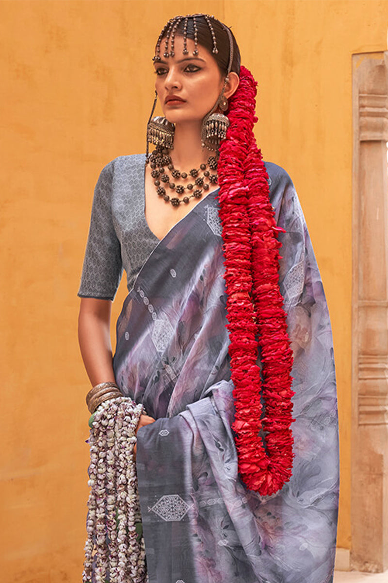 Cool Grey Digital Printed Linen Silk Saree