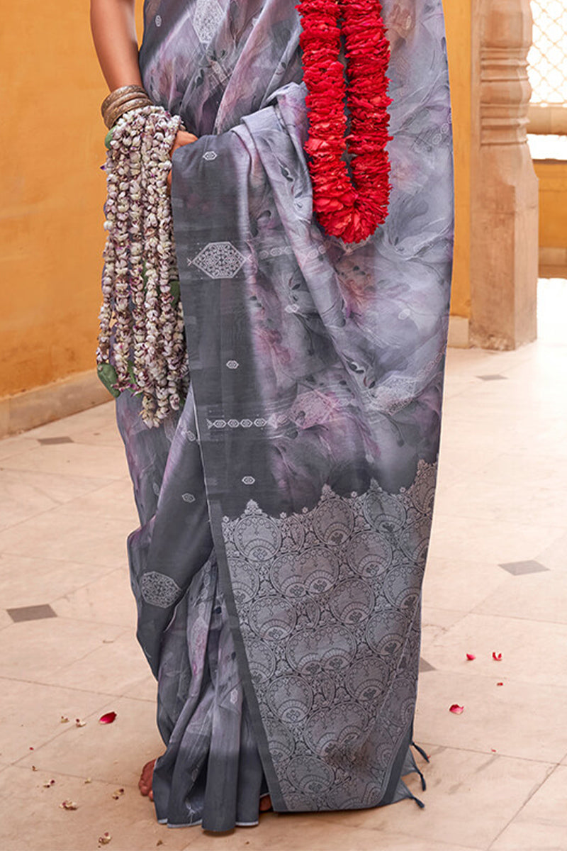 Cool Grey Digital Printed Linen Silk Saree