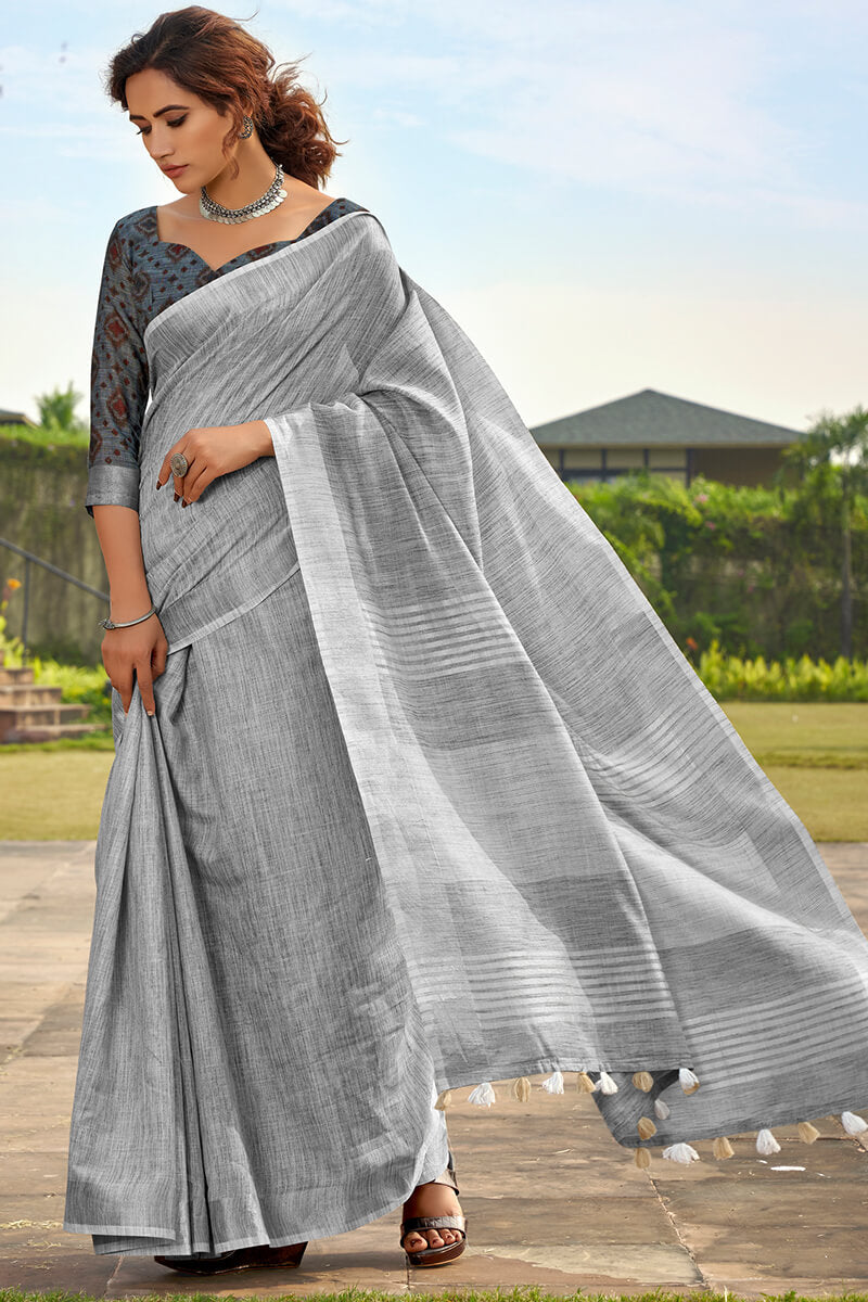 Cool Grey Soft Linen Silk Saree