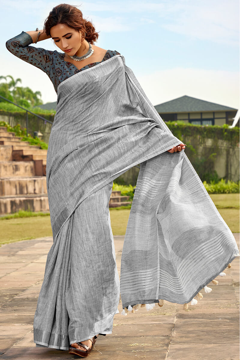 Cool Grey Soft Linen Silk Saree
