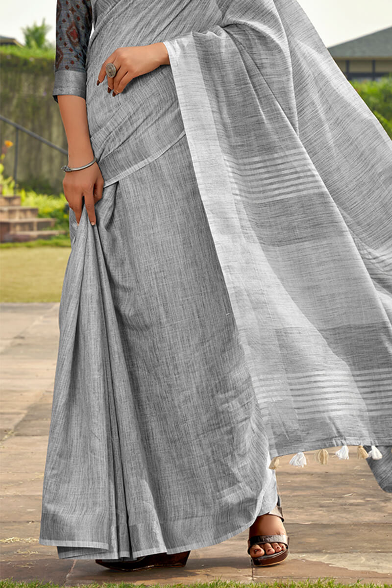 Cool Grey Soft Linen Silk Saree