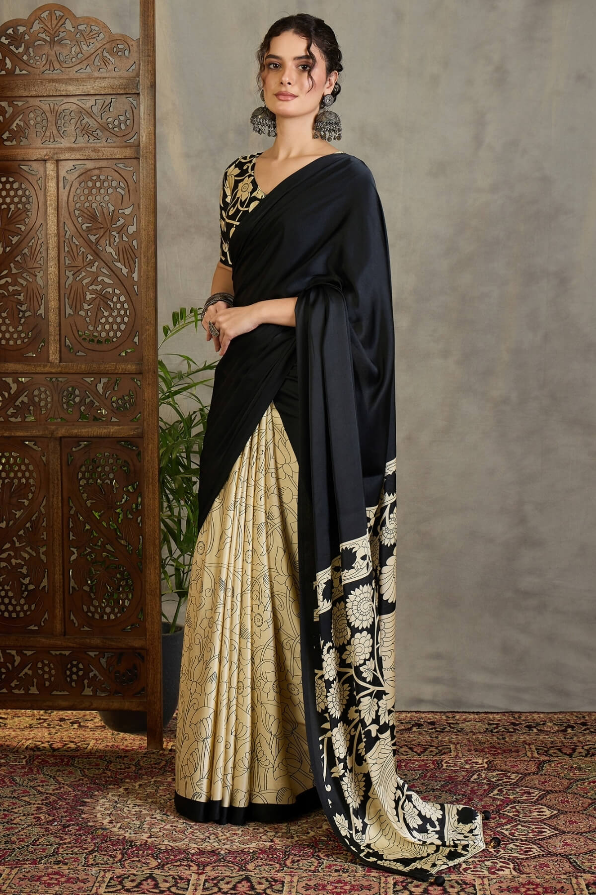 Coral Black Printed Satin Silk Saree