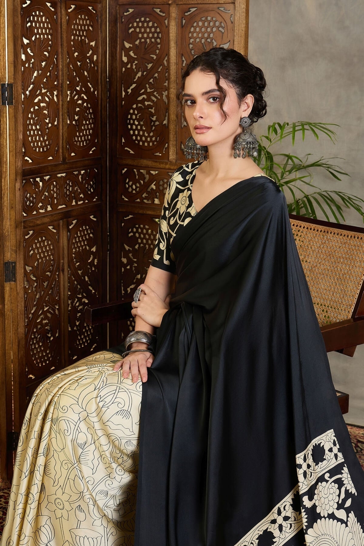 Coral Black Printed Satin Silk Saree