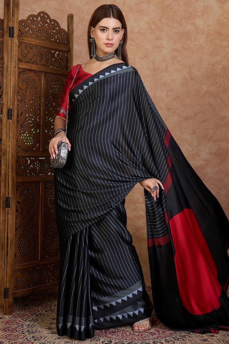 Coral Black Stripe Ajrakh Printed Satin Silk Saree