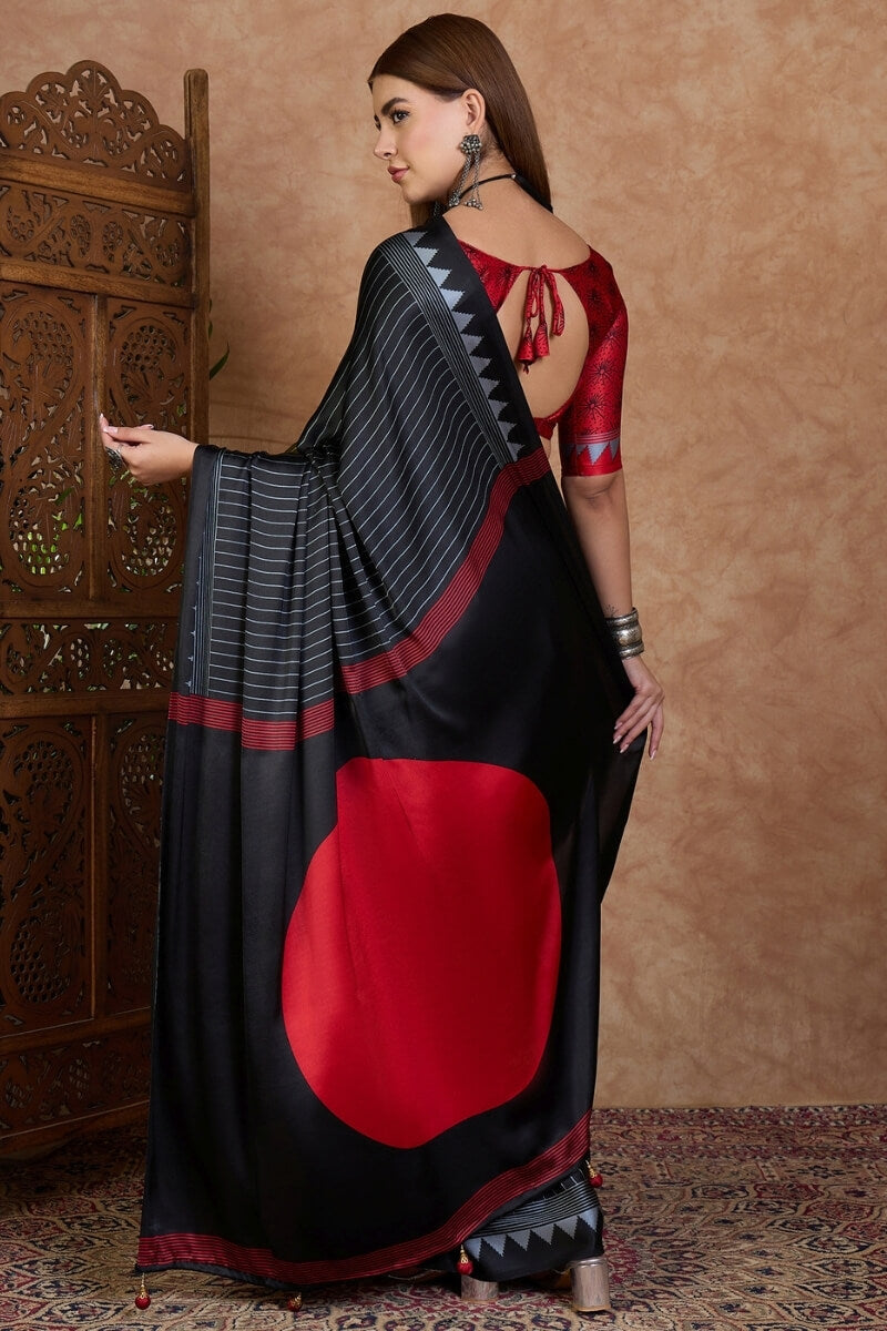 Coral Black Stripe Ajrakh Printed Satin Silk Saree