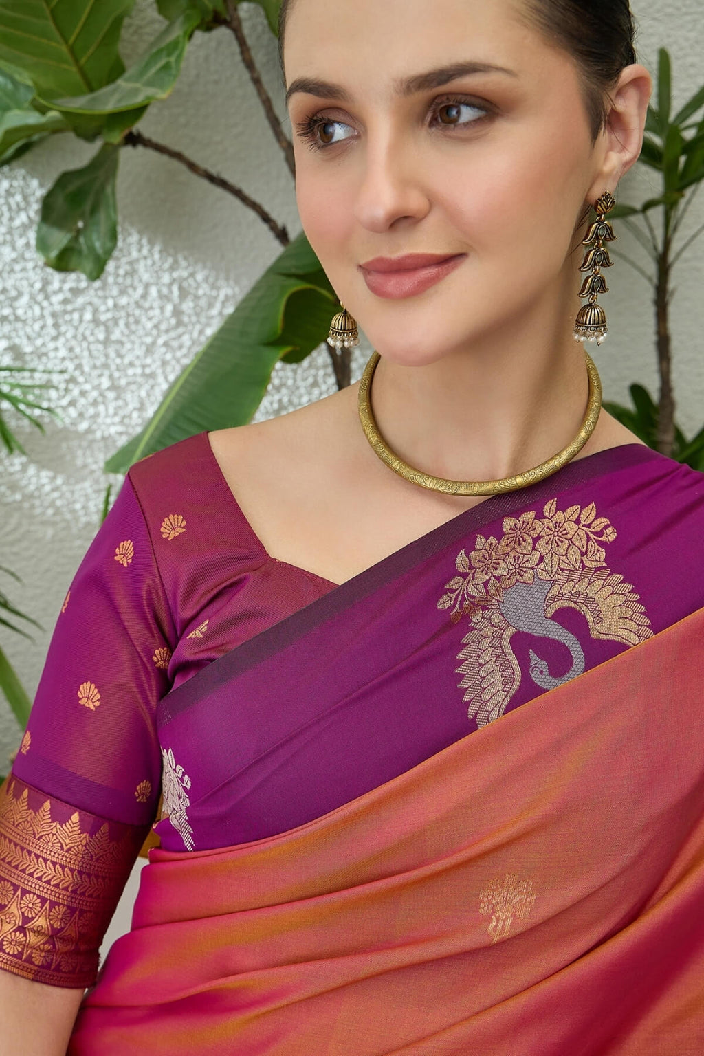 Coral Pink Handloom Banarasi Silk Saree