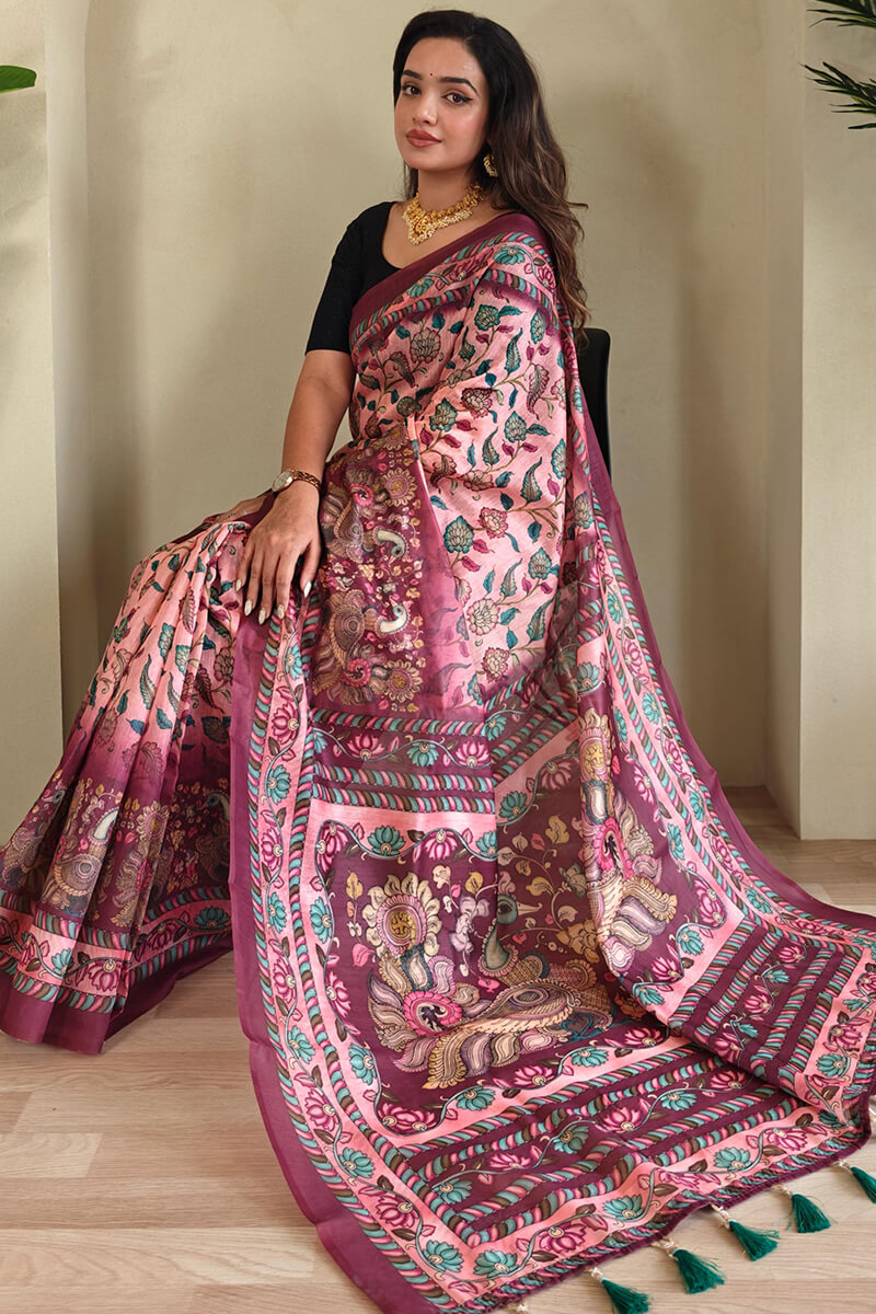 Coral Pink Kalamkari Printed Cotton Saree