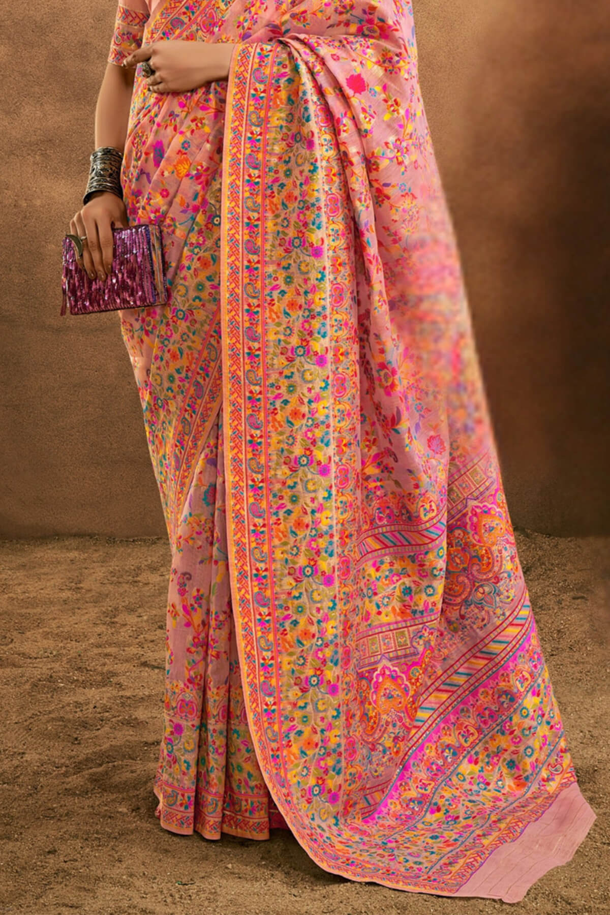 Coral Pink Kashmiri Modal Pashmina Silk Saree