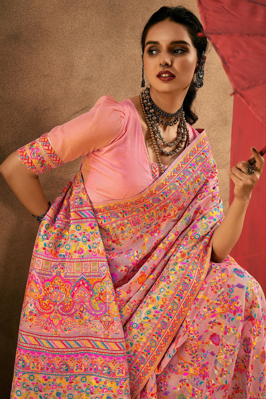 Coral Pink Kashmiri Modal Pashmina Silk Saree