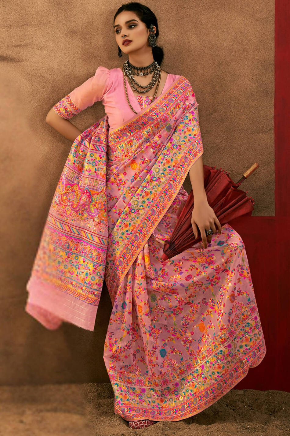 Coral Pink Kashmiri Modal Pashmina Silk Saree