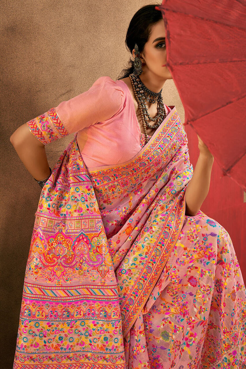 Coral Pink Kashmiri Modal Pashmina Silk Saree