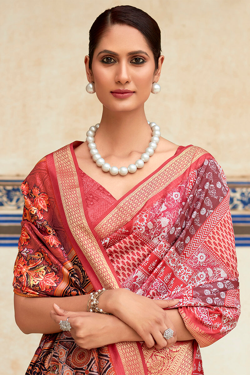 Coral Pink Printed Dola Silk Saree