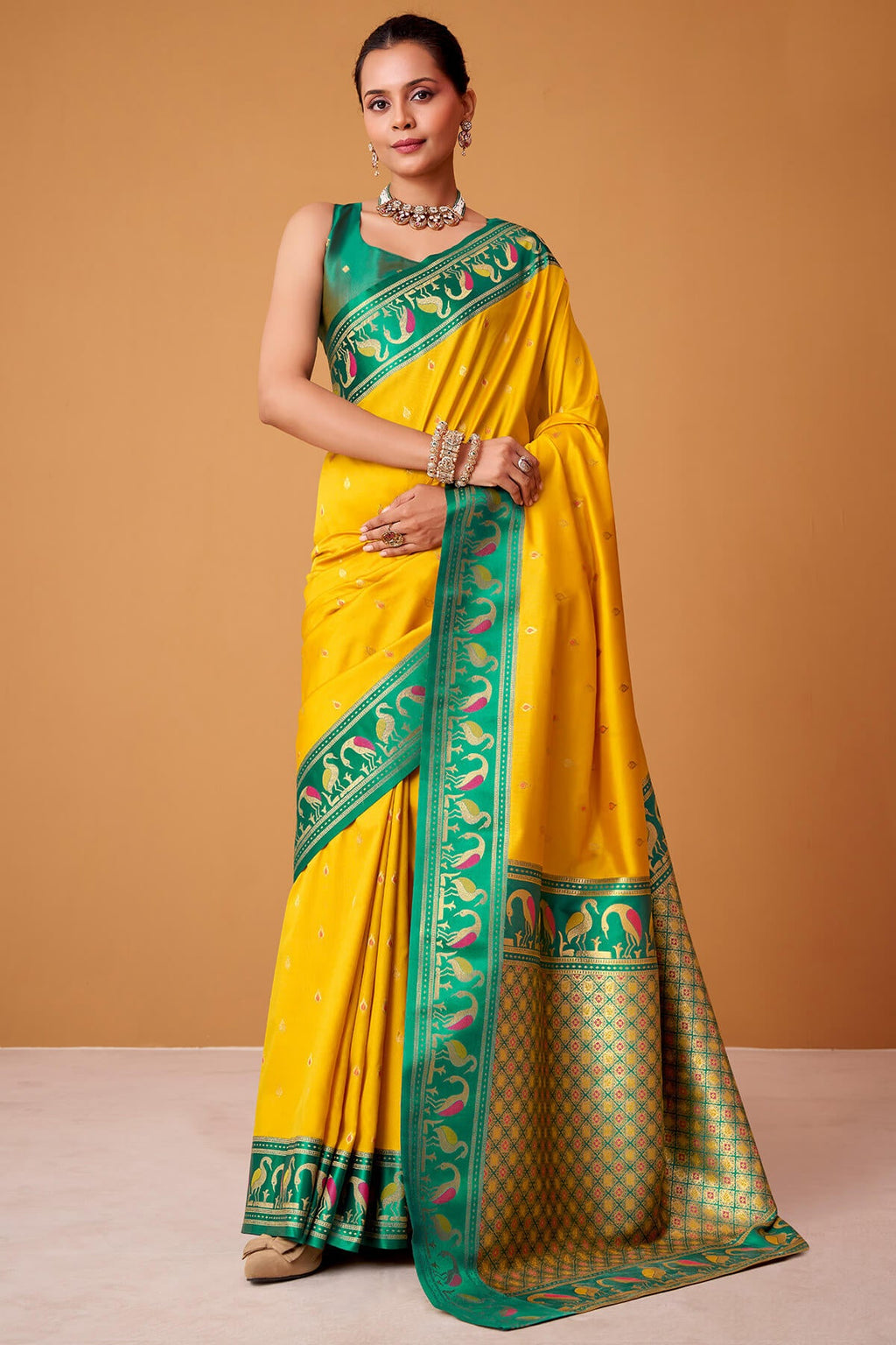 Corn Yellow Banarasi Soft Satin Silk Saree