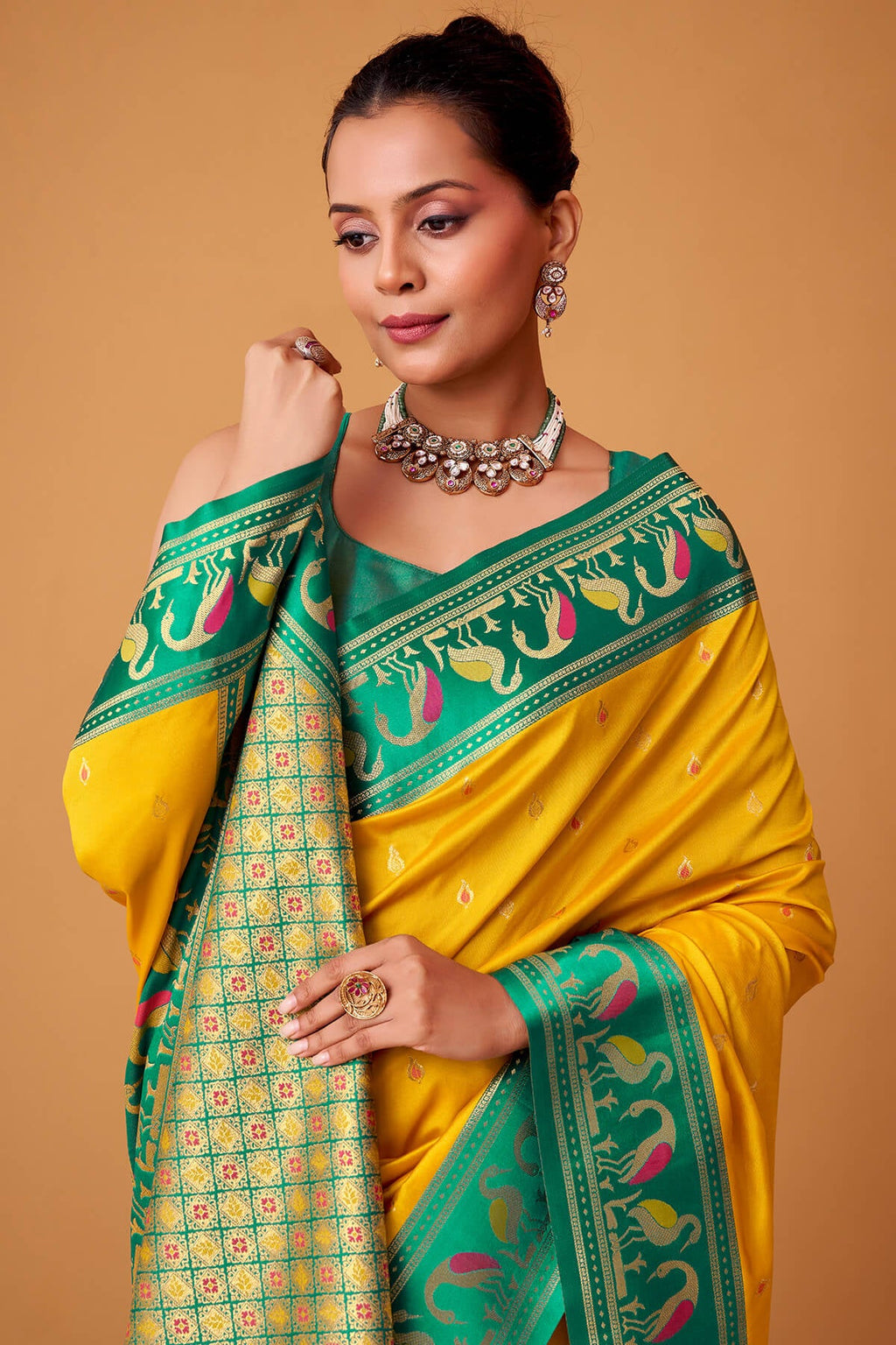 Corn Yellow Banarasi Soft Satin Silk Saree