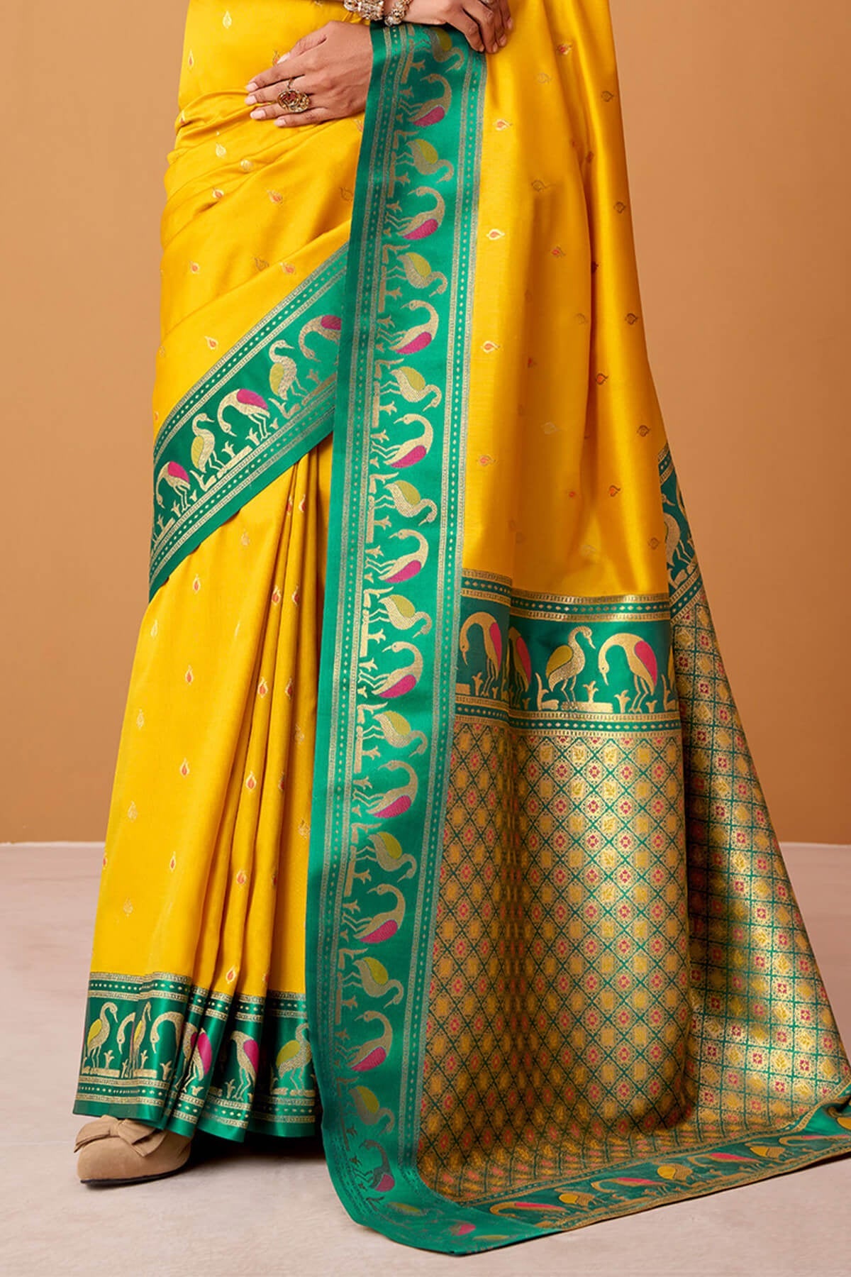 Corn Yellow Banarasi Soft Satin Silk Saree