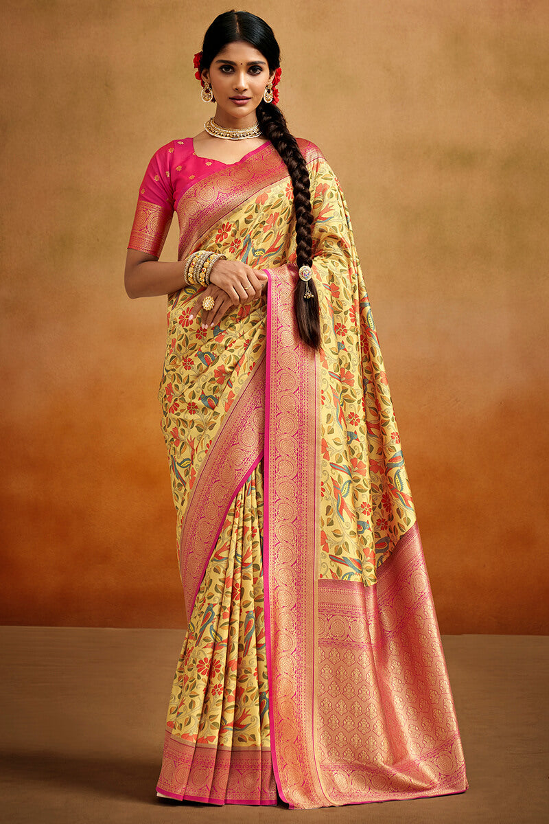 Corn Yellow Kalamkari Printed Tussar Silk Saree