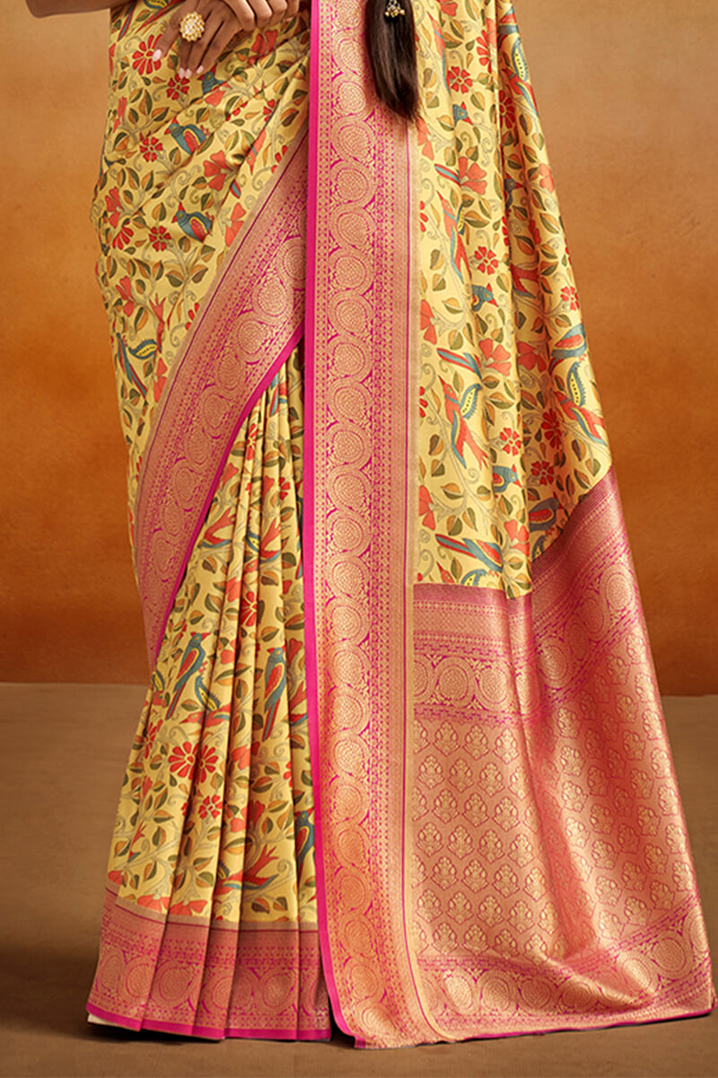 Corn Yellow Kalamkari Printed Tussar Silk Saree