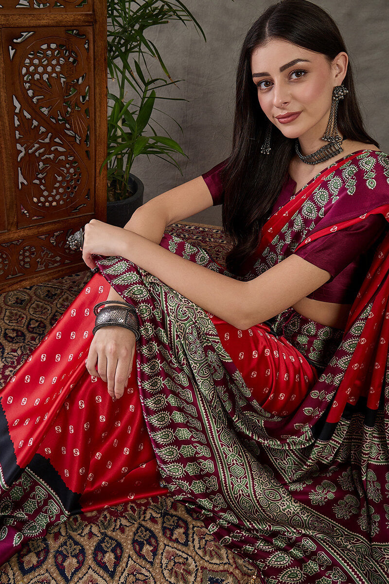 Cornell Red Ajrakh Printed Satin Silk Saree