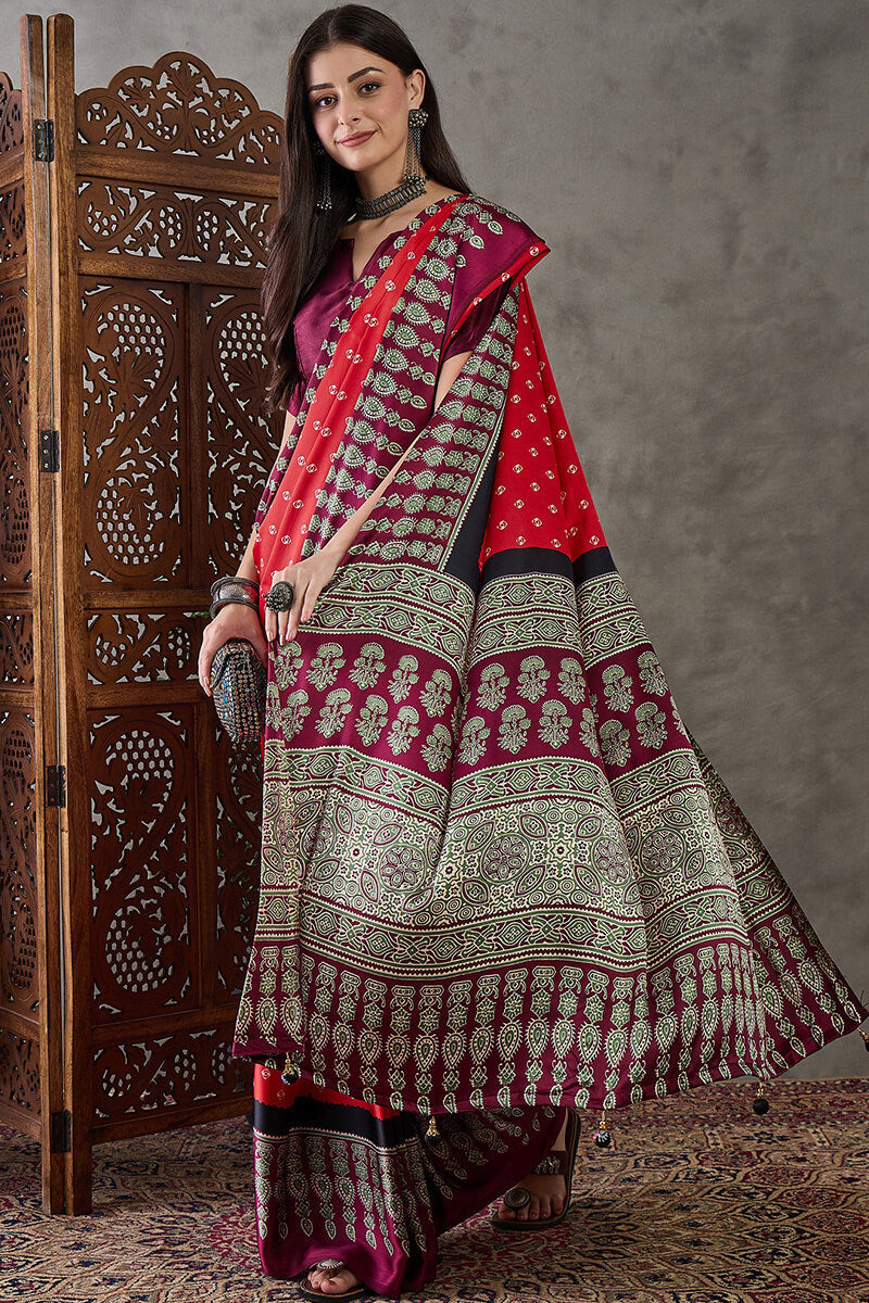 Cornell Red Ajrakh Printed Satin Silk Saree