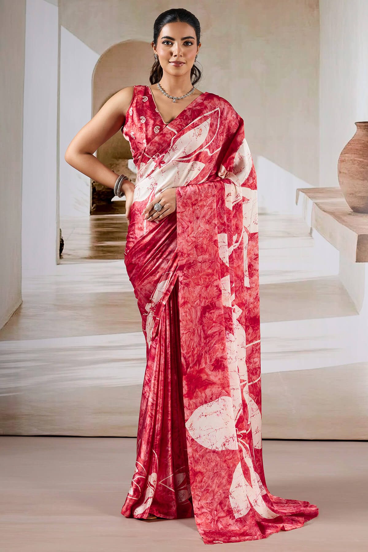 Cornell Red Hand Prism Printed Satin Silk Saree