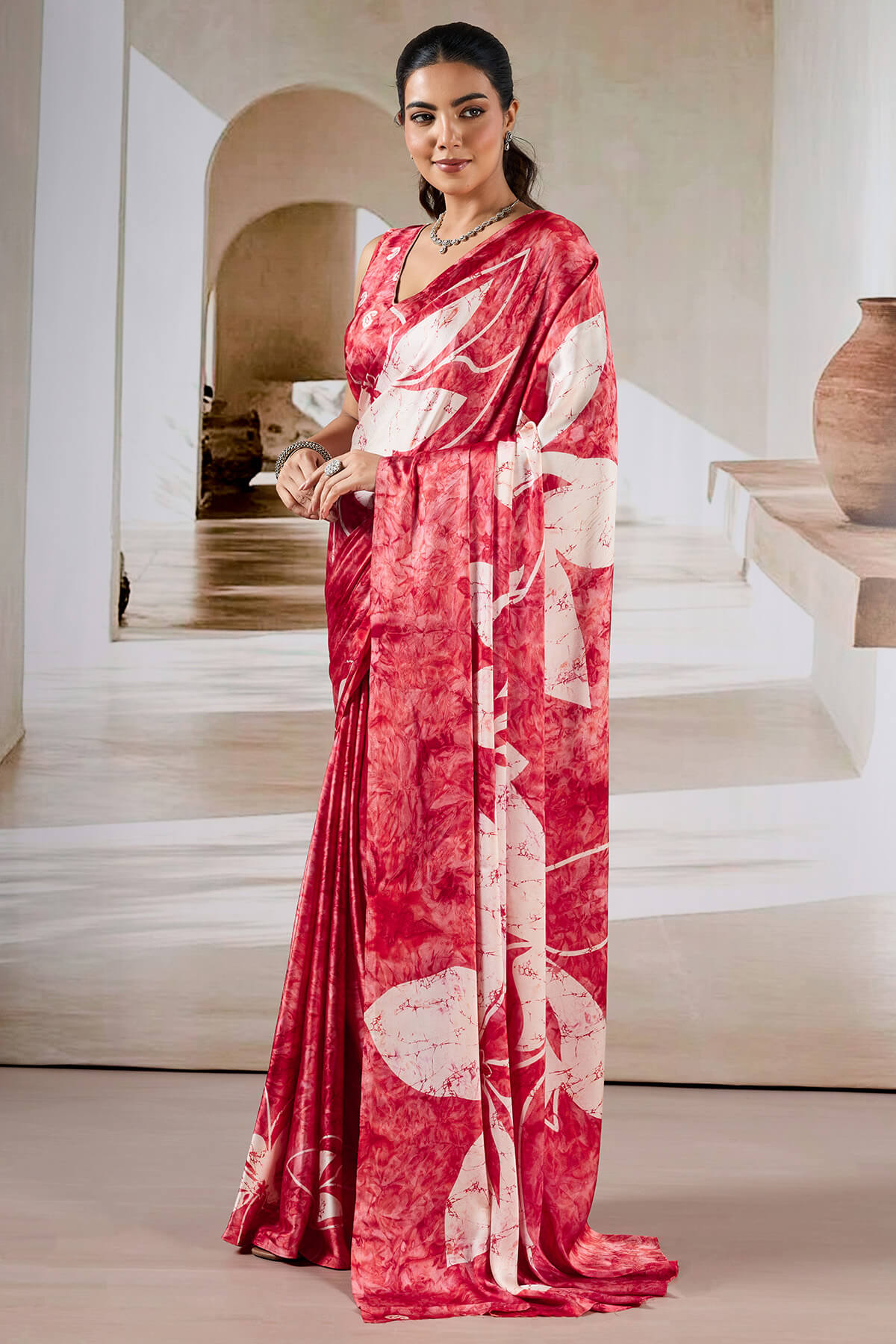 Cornell Red Hand Prism Printed Satin Silk Saree