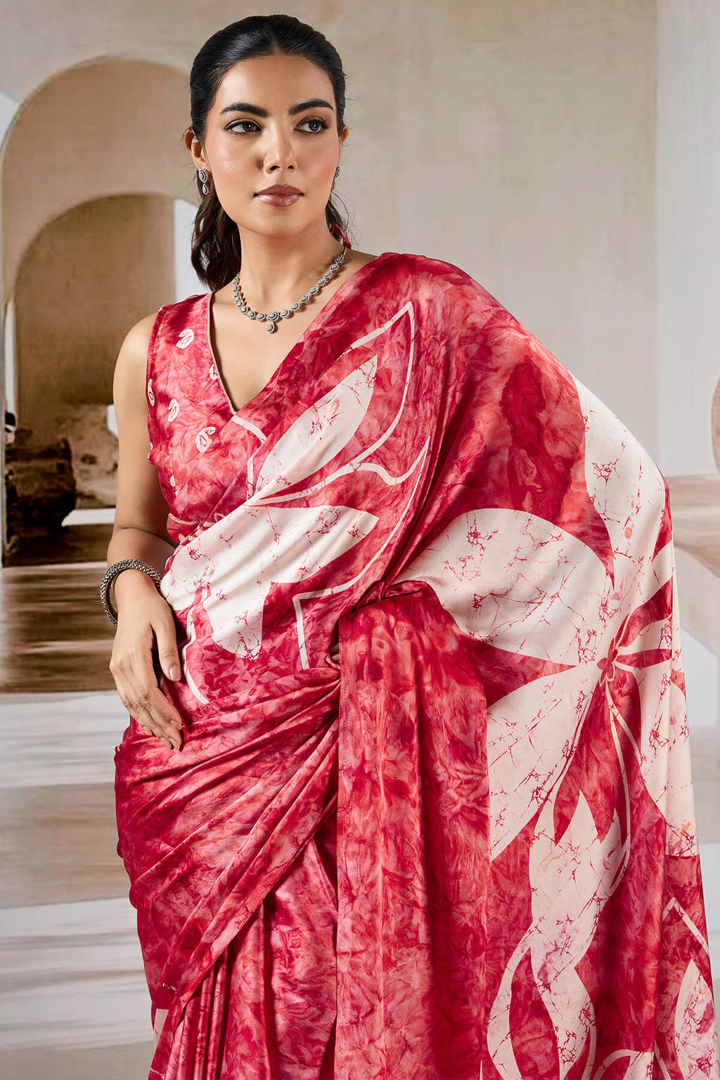 Cornell Red Hand Prism Printed Satin Silk Saree
