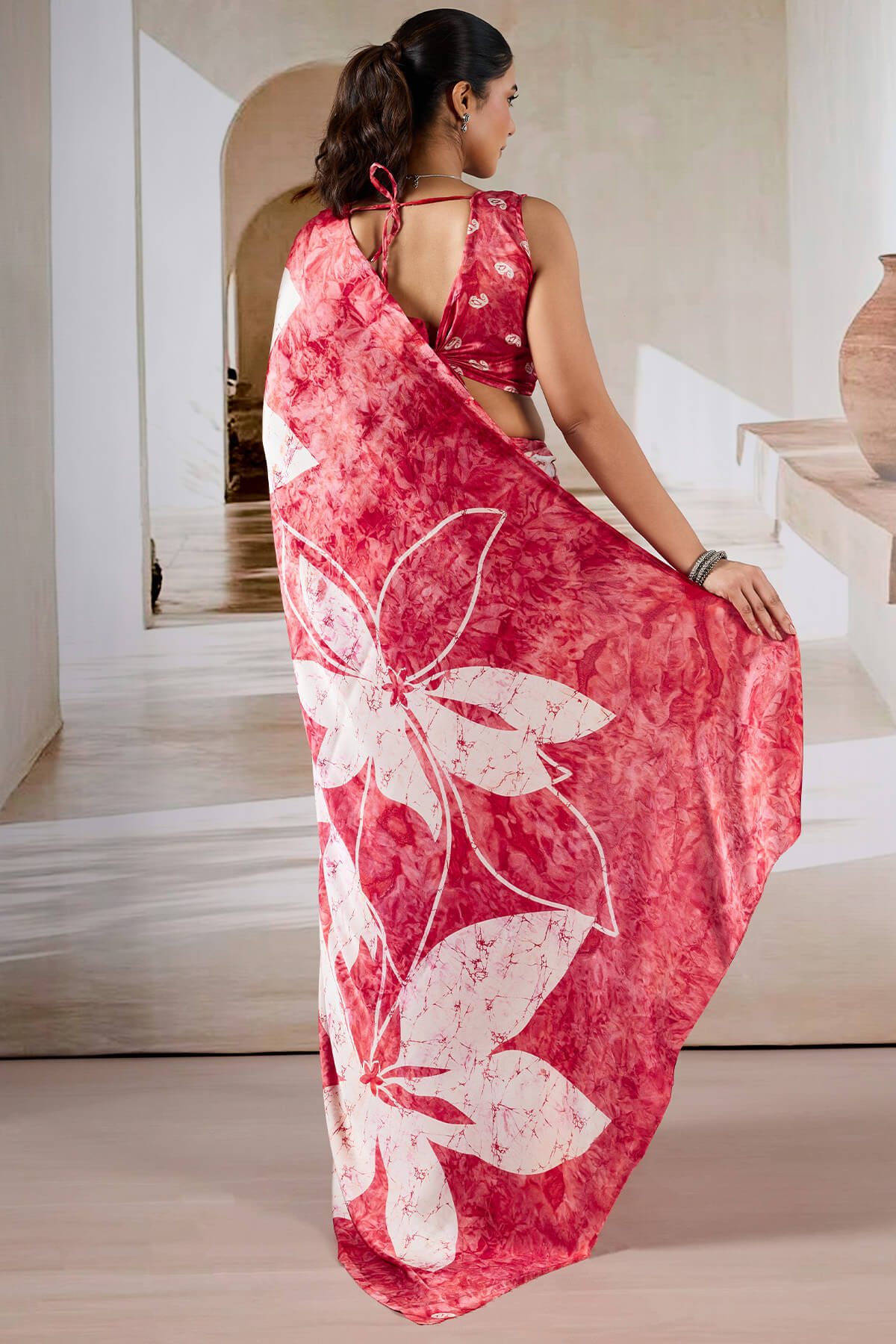 Cornell Red Hand Prism Printed Satin Silk Saree
