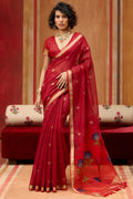 Cornell Red Handloom Munga Cotton Saree