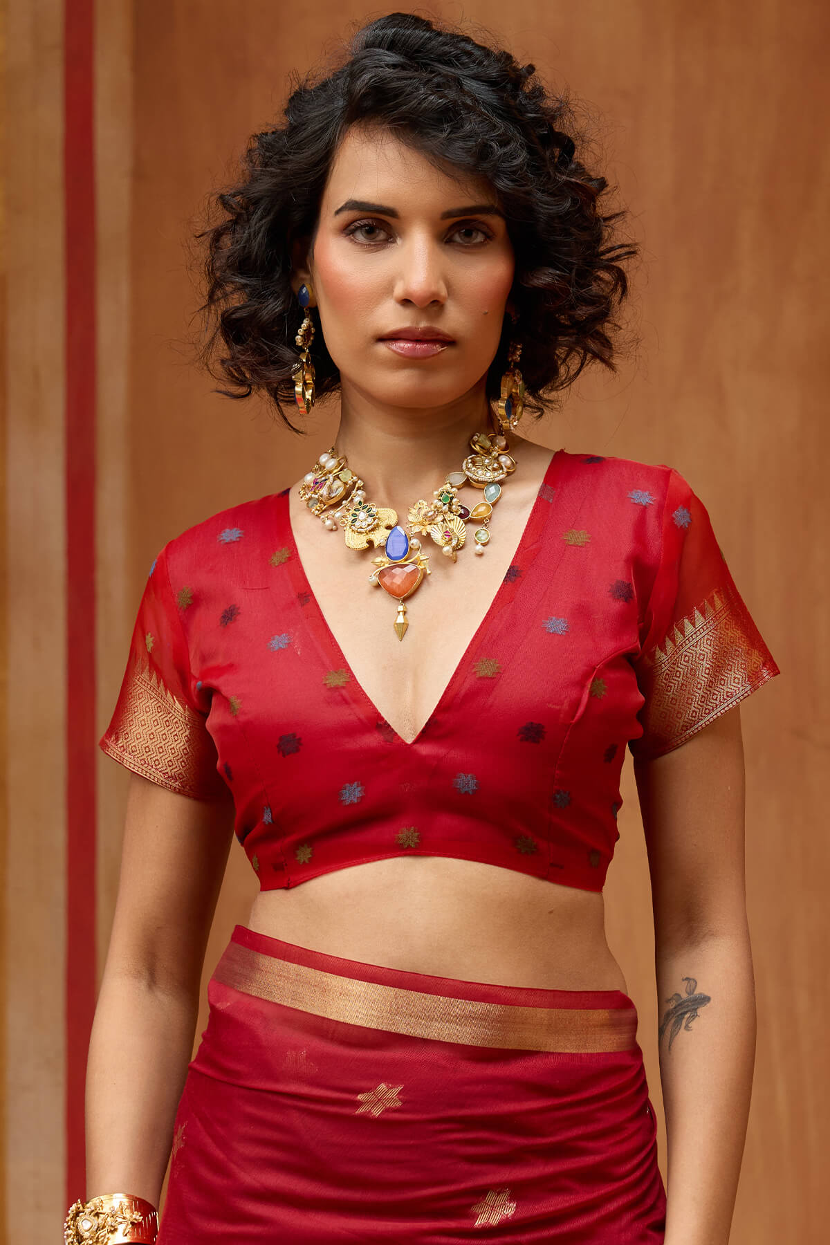 Cornell Red Handloom Munga Cotton Saree