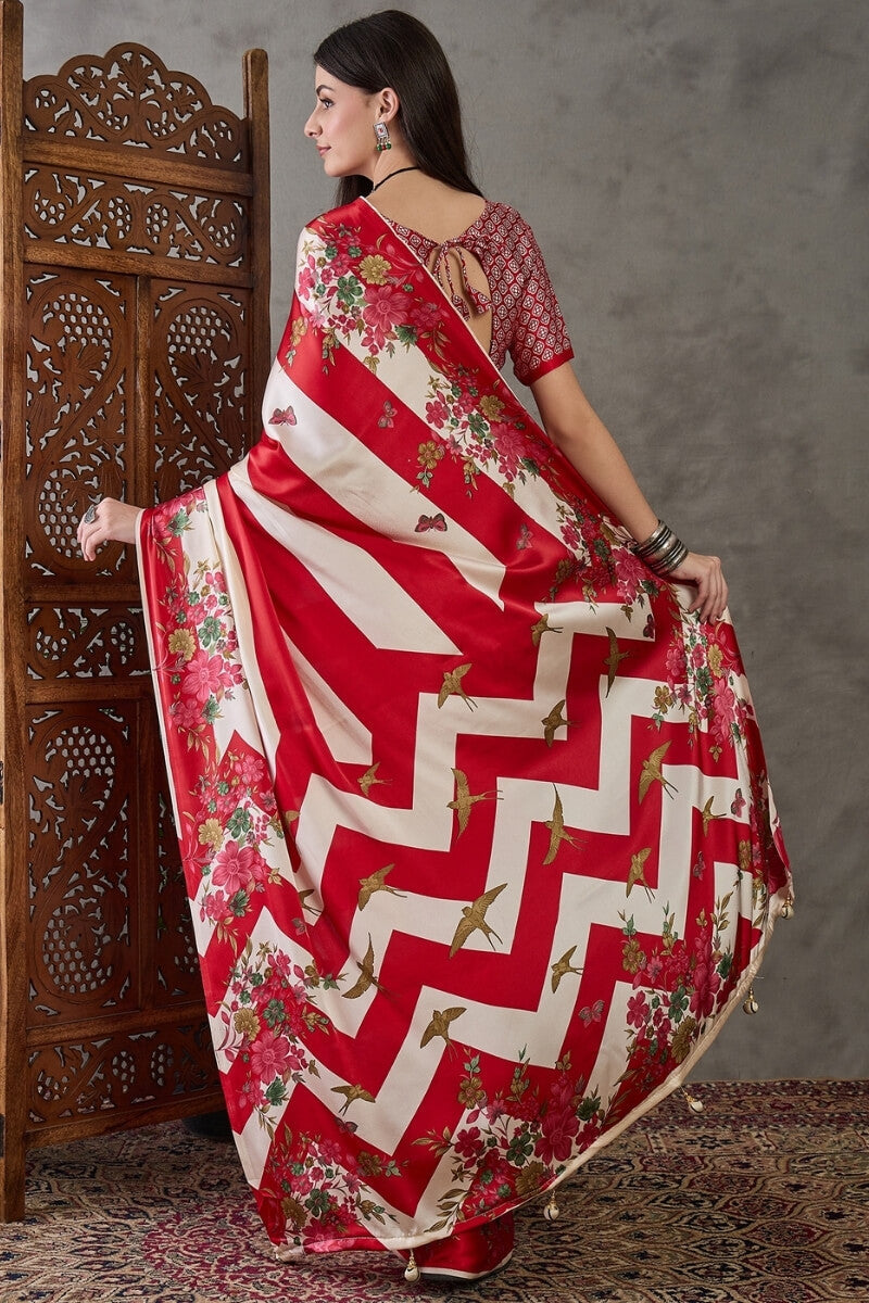 Cornell Red Stripe Printed Satin Silk Saree