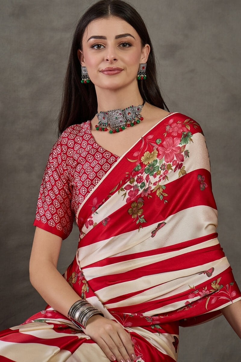Cornell Red Stripe Printed Satin Silk Saree