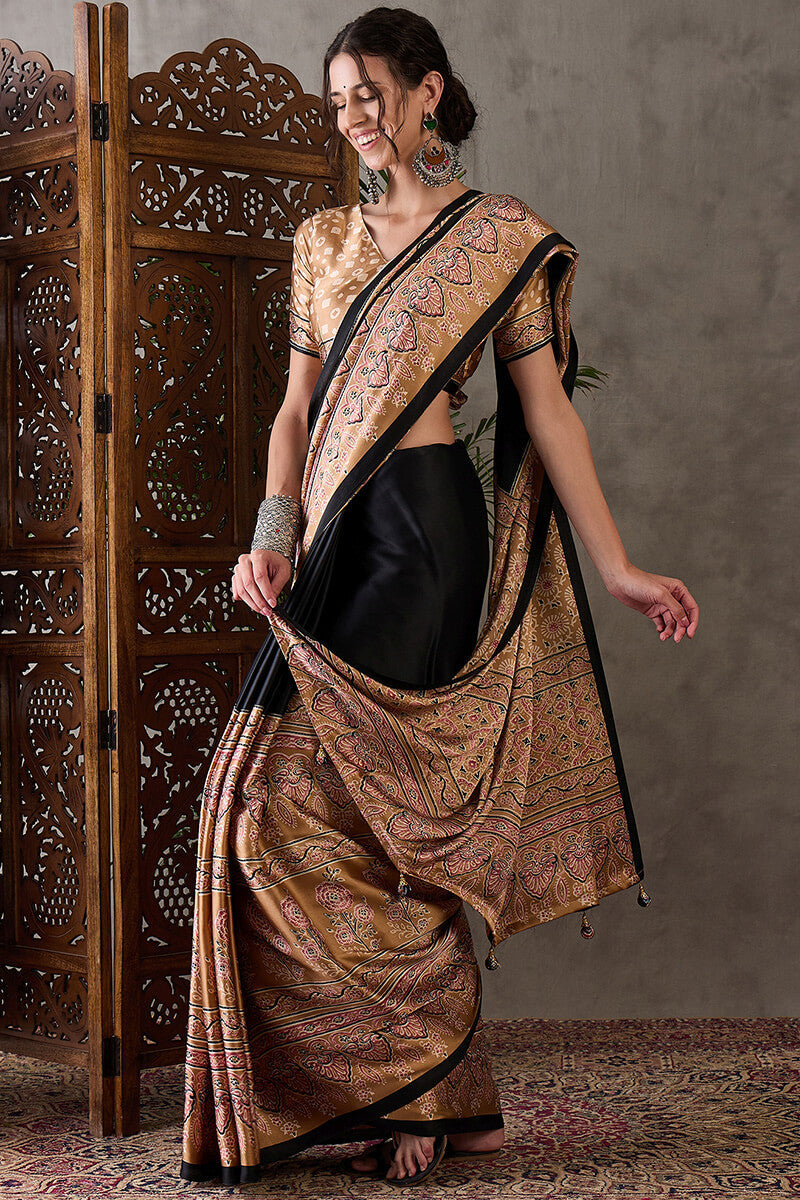 Cosmic Black Ajrakh Printed Satin Silk Saree