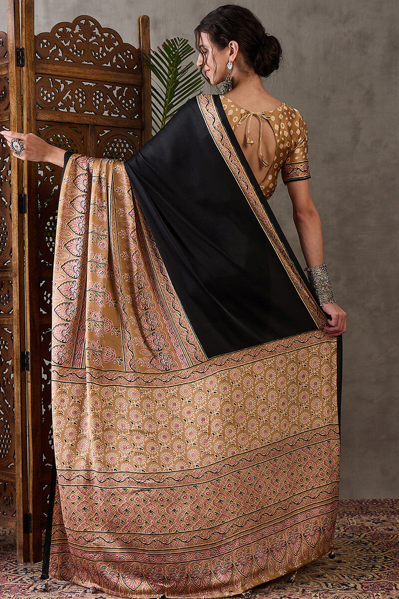 Cosmic Black Ajrakh Printed Satin Silk Saree
