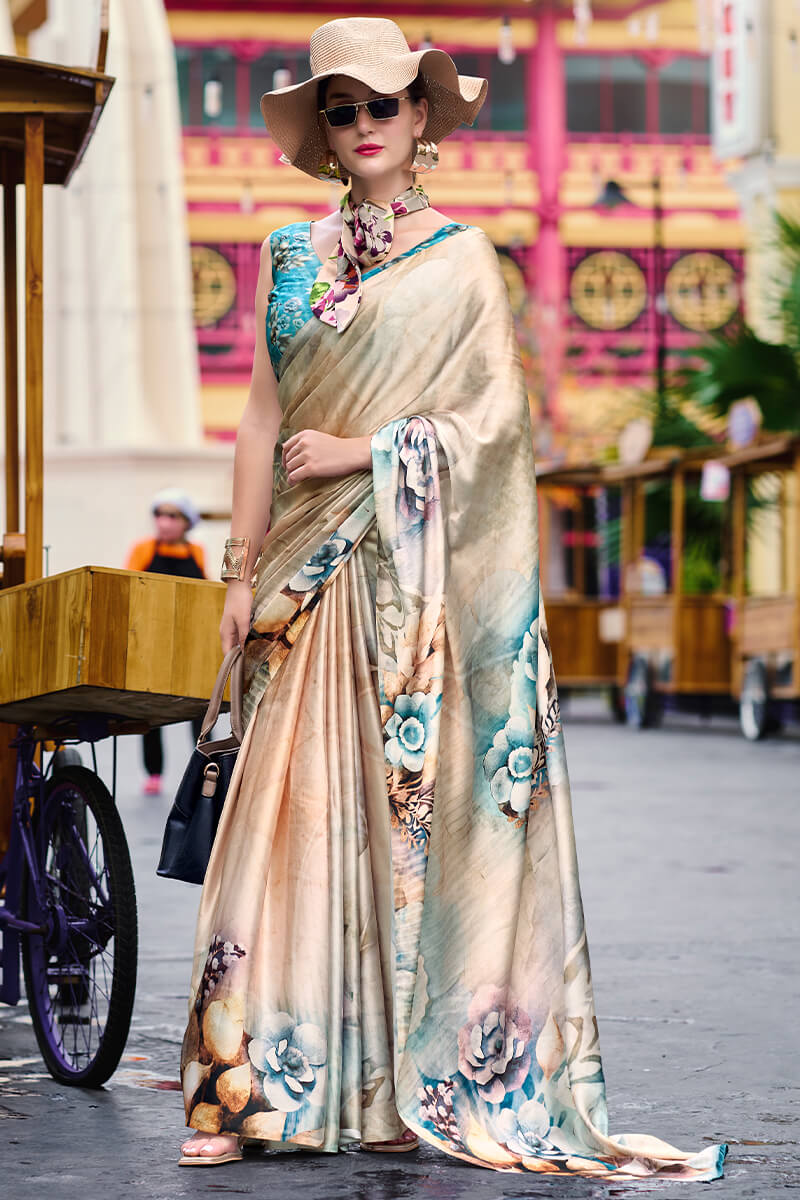 Cream Beige Printed Satin Crepe Silk Saree