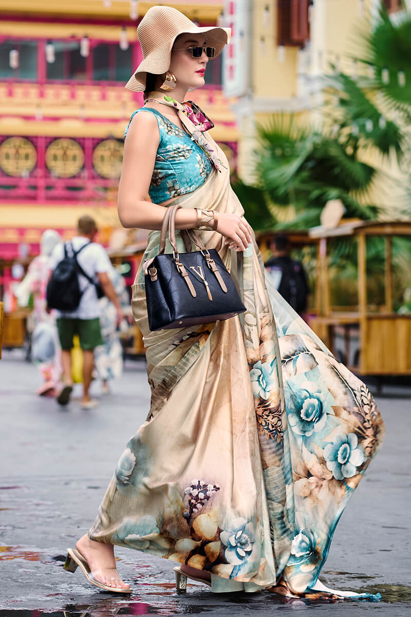 Cream Beige Printed Satin Crepe Silk Saree