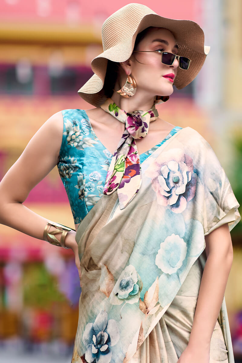 Cream Beige Printed Satin Crepe Silk Saree